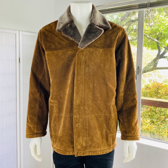 Charles Klein Men's Brown Leather Suede Jacket w Faux Fur Collar, 40.